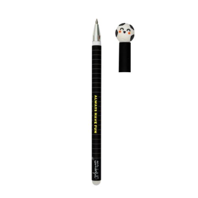 Caneta preta com tampa decorada com cabeça de panda