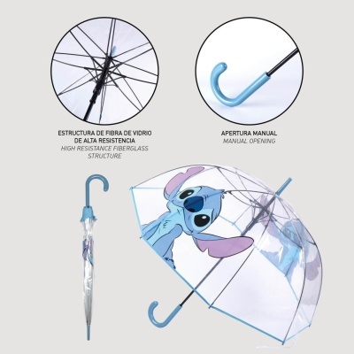Guarda-chuva transparente com personagem Stitch e punho azul