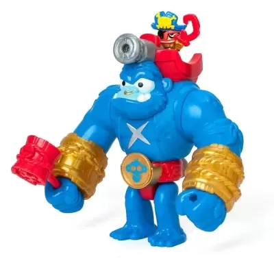 Brinquedo de gorila azul com acessórios dourados, martelo vermelho e boneco pirata