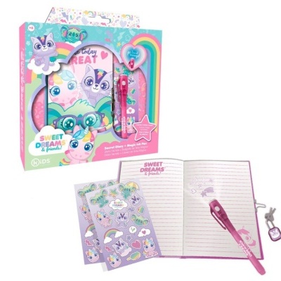 Conjunto diário Sweet Dreams & Friends com capa e caneta rosa e lilás, autocolantes e embalagem colorida