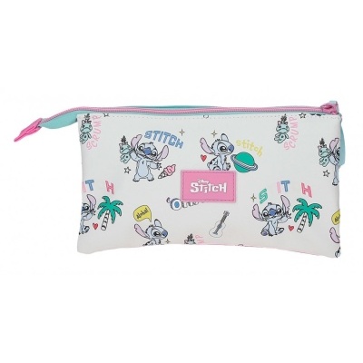 Estojo branco com estampado do personagem Stitch da Disney e fecho de correr rosa