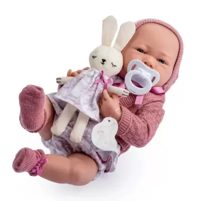 Boneca bebé realista com roupa e acessório cor-de-rosa e coelho de peluche