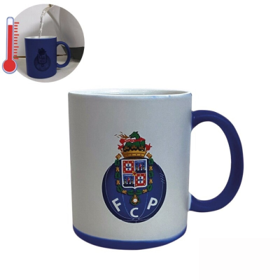 Caneca de cerâmica branca com asa e base azul e escudo FC Porto