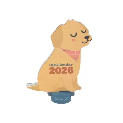Calendário de mesa em forma de cão bege com texto DOG-lendar 2026 e base azul mr. wonderful