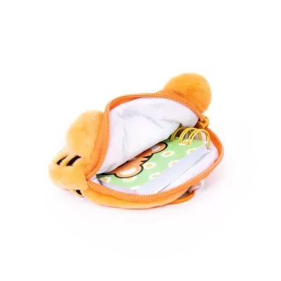 Carteira laranja em pelúcia com bloco de notas dentro