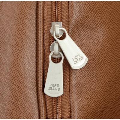Fechos de correr metálicos prateados com gravação PEPE JEANS em tecido castanho texturado