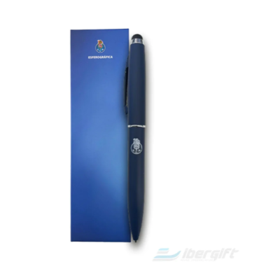 Caneta azul escuro com estojo azul e logotipo RINNOBRASKA