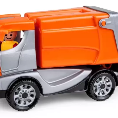 Brinquedo camião de lixo cinzento e laranja com boneco