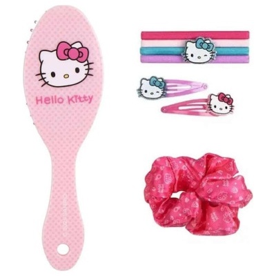 Conjunto de acessórios de cabelo Hello Kitty em rosa com elásticos, ganchos, escova e scrunchie
