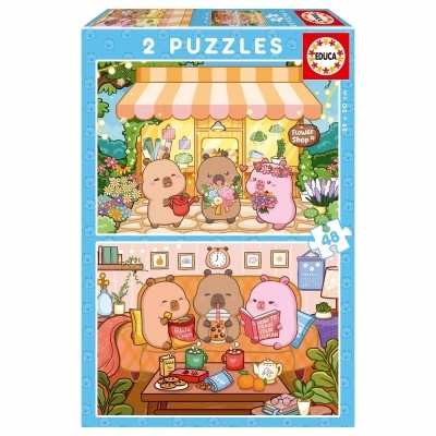 Caixa de puzzles com imagens de ursos animados em loja de flores e sala aconchegante.