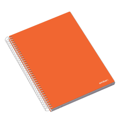Caderno de argolas com capa laranja e texto ambor.