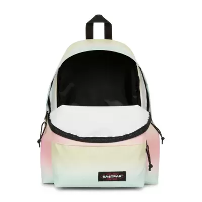 mochila Eastpak com padrão degradê em tons pastel e fecho de correr preto