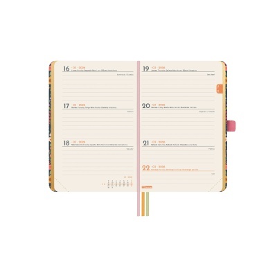 Agenda semanal aberta com dias e horários, texto em português, fita de marcação colorida.