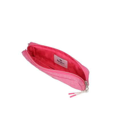 Estojo escolar rosa com fecho de correr aberto e interior rosa