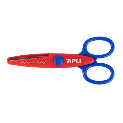 Tesoura de plástico vermelha e azul com lâminas escondidas e padrão de corte em zig-zag
