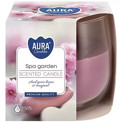 Caixa de vela aromática Aura Candles Spa Garden com imagens de flores cor-de-rosa