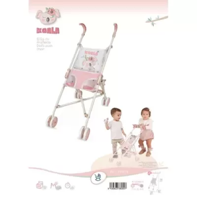 Carrinho de boneca KOALA rosa e branco com padrão de coala