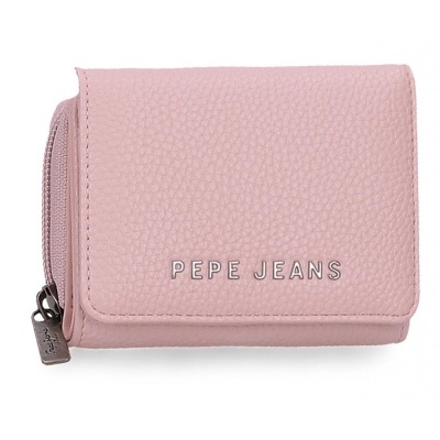 Carteira rosa de textura granulada com fecho lateral e nome Pepe Jeans