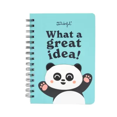 Caderno azul com capa rígida, ilustração de panda e texto 'What a great idea!'