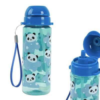 Garrafa infantil com estampa de pandas e tampa azul