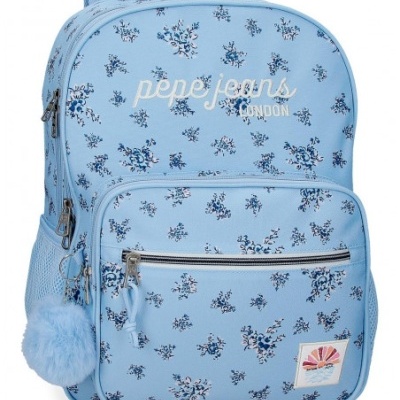 mochila azul claro com padrão floral e texto pepe jeans LONDON