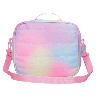 Mala pequena colorida com padrão pastel e alça rosa