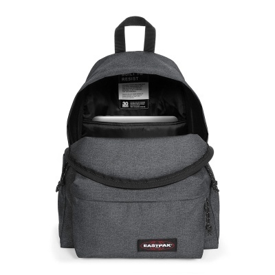 Mochila cinza escuro EASTPAK com bolso frontal e interior preto aberto, mostrando portátil