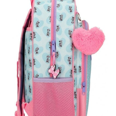 Mochila infantil azul clara e rosa com padrão Minnie e pendentes cor-de-rosa