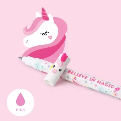 Caneta de unicórnio branca e rosa com texto Believe in Magic