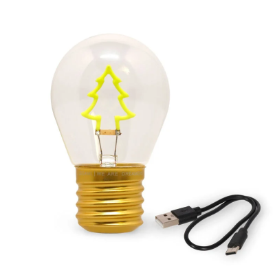 Lâmpada decorativa com filamento em forma de árvore de Natal e cabo USB preto