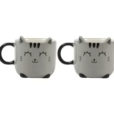 Duas chávenas de porcelana com rosto de gato e alça preta