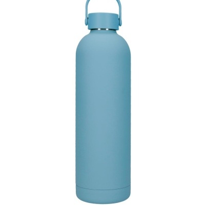 Garrafa térmica azul clara com tampa de rosca e alça