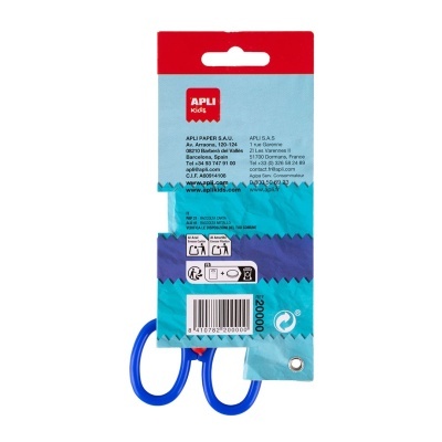 Tesouras de plástico azul para crianças com embalagem de cartão colorido da APLI kids