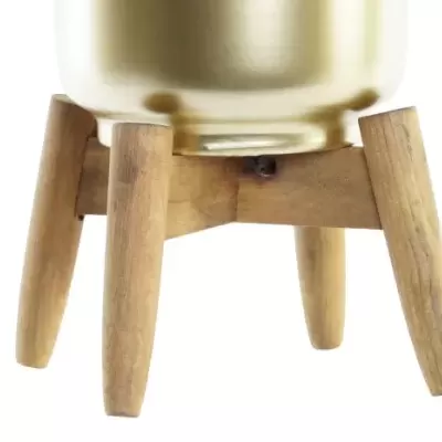 Suporte de madeira com vaso cerâmico dourado claro