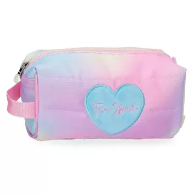 Necessaire retangular pastel com coração azul bordado e texto rosa