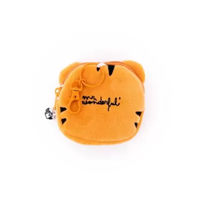 Bolsa felpuda laranja com padrão de tigre e texto 'mr. wonderful'