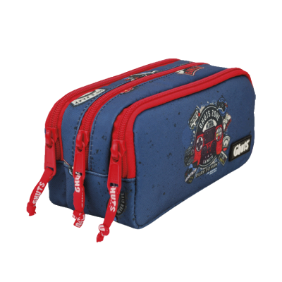 Estojo azul escuro com fechos vermelhos e desenho de vans vermelha com texto GHOST'S LAND