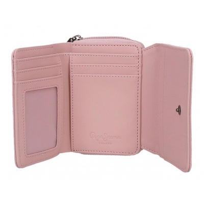 Carteira feminina rosa claro aberta com várias divisórias para cartões e porta-moedas com fecho de correr