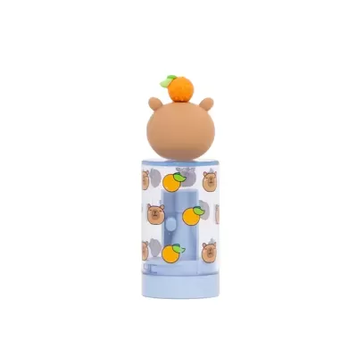 Dispensador plástico com tampa castanha e laranja e decoração de ursos e laranjas