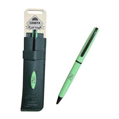 Caneta verde com texto Pai e estojo verde escuro de pele sintética com texto Pai