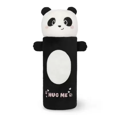 Pelúcia de panda preta e branca com texto HUG ME
