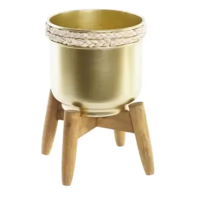 Vaso dourado metálico com suporte de madeira clara