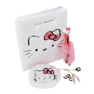 Conjunto Hello Kitty em tecido felpudo branco e rosa com caneta e acessórios coloridos