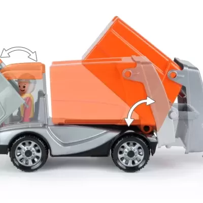 Camião de lixo de brinquedo laranja e cinzento com rodas e partes móveis