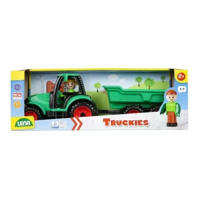Brinquedo trator verde com reboque e figura humana LENA Truckies