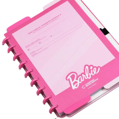 Caderno inteligente rosa com capa para preencher dados e logo Barbie