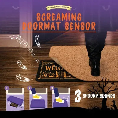Tapete sensor de entrada Halloween com motivos e texto WELCOME em preto e laranja