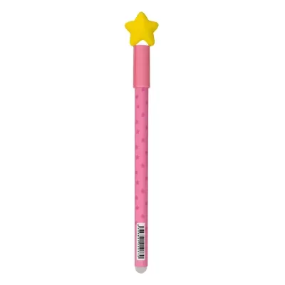 Lápis rosa com estrela amarela no topo e padrão de estrelas roxas.