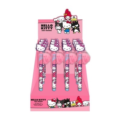 Display cor-de-rosa com canetas Hello Kitty decoradas e pompons