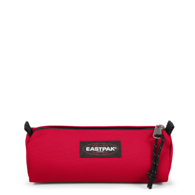 Estojo Eastpak cilíndrico vermelho com fecho e etiqueta